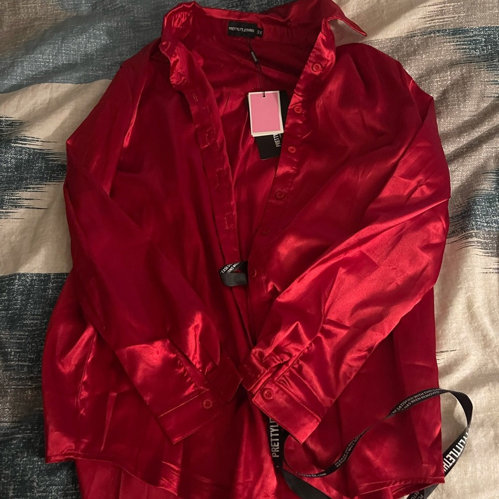Red silk button down